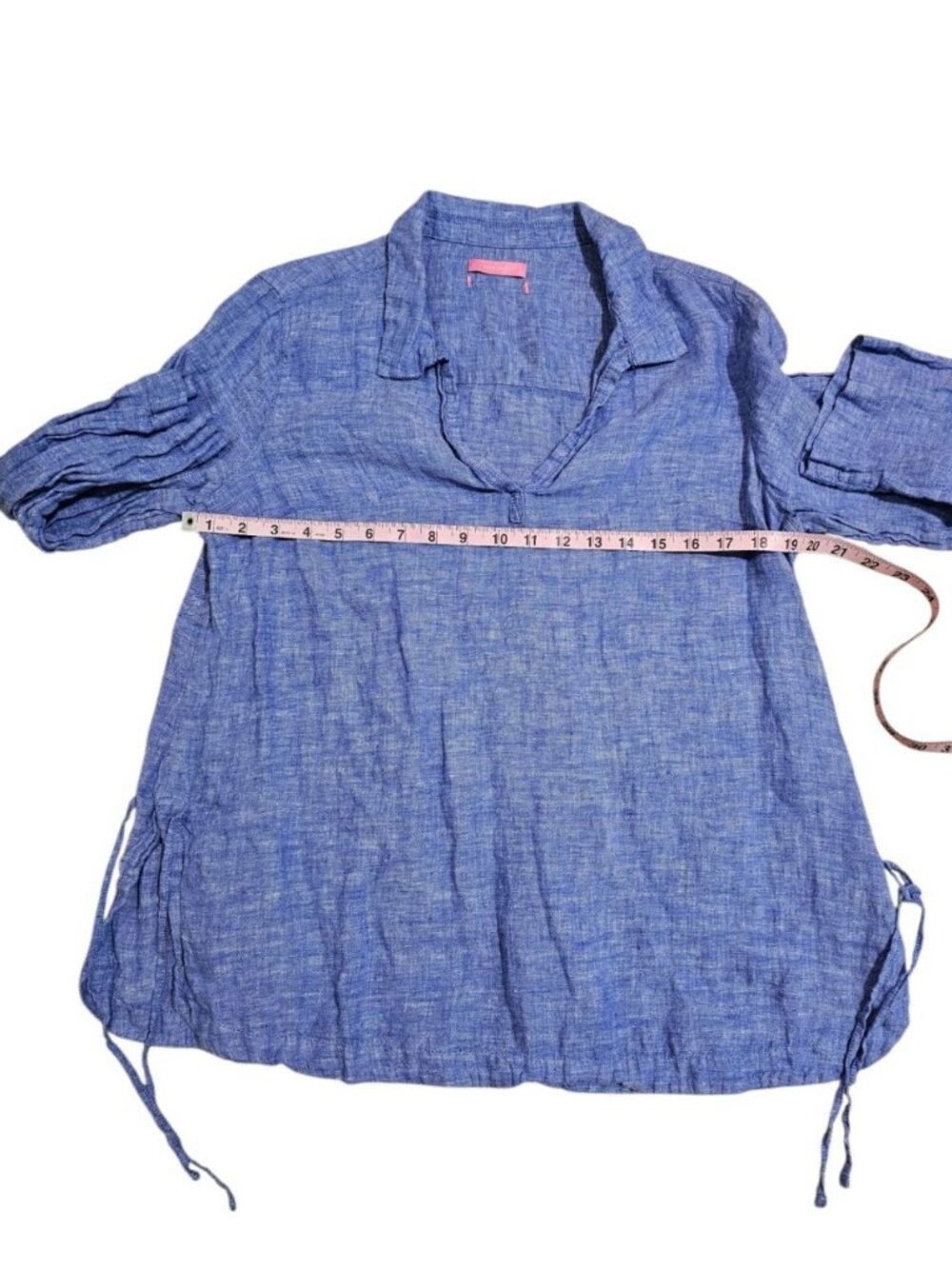 Isaac Mizrahi Womens Large Blouse Blue 100% Linen Coastal Essential Statement - Picture 5 of 6